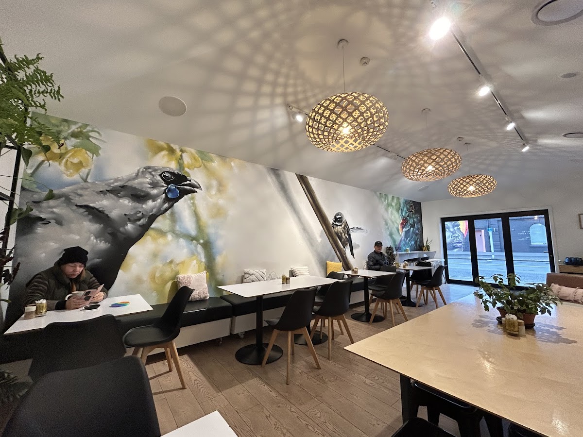 Cafe interior with the kokako bird mural and pendant lights